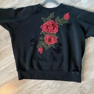 Emma & Sam Sweatshirt Black Distressed Overly Stated  Roses & Slashes Size Small